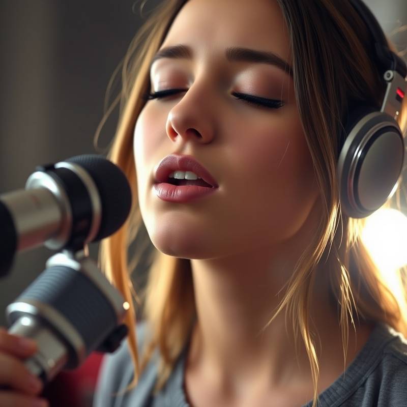 Een close-up van een jonge vrouw die met gesloten ogen zingt in een studio met een microfoon voor haar.