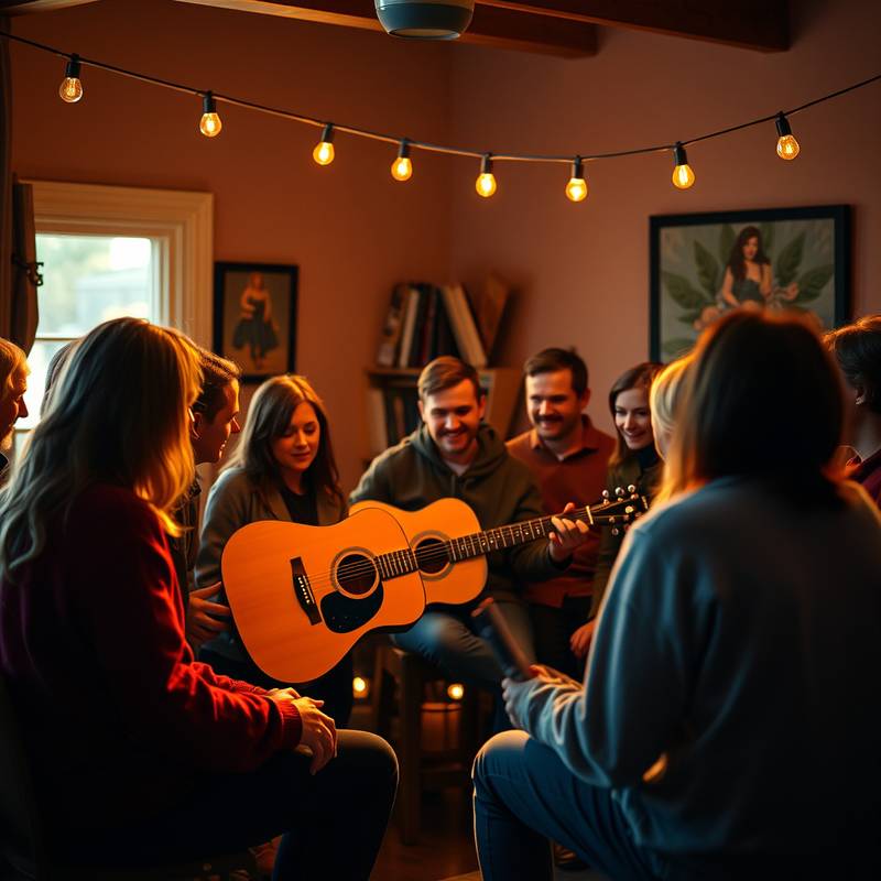 Een groep mensen die samen in een kring zingt, begeleid door een zangdocent met een gitaar.