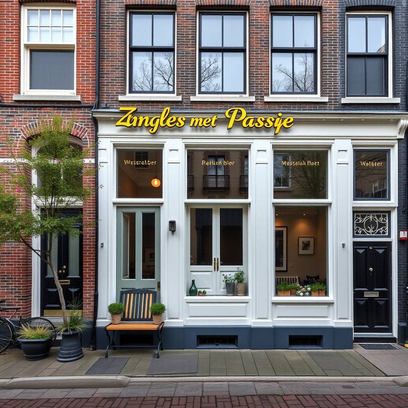 Foto van de buitenkant van het Zangles met Passie studio gebouw in Amsterdam, een grachtenpand met grote ramen.