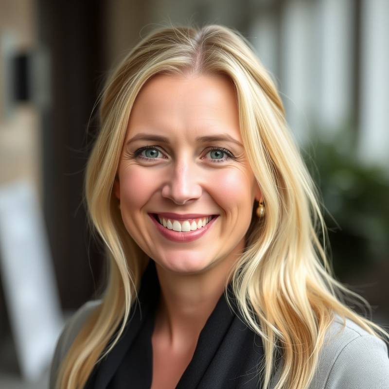 Portret van Anne de Vries, een vrolijke zangdocent met blond haar, lachend naar de camera.