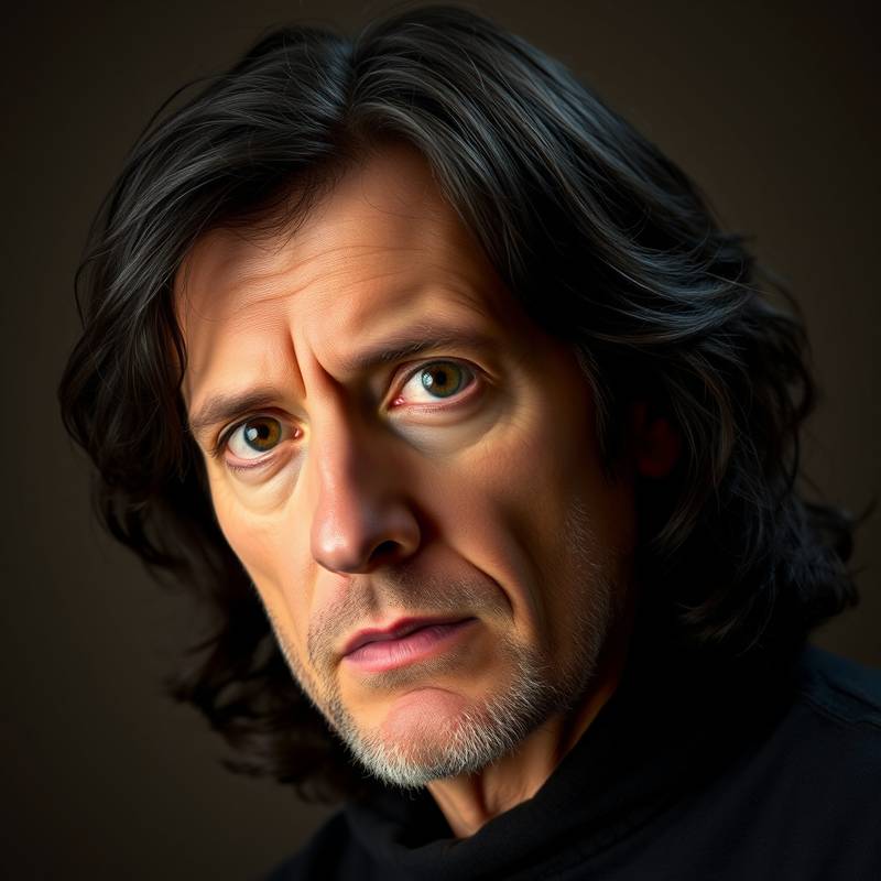 Portret van Pieter Janssens, een serieuze zangdocent met donker haar, gefocust kijkend.